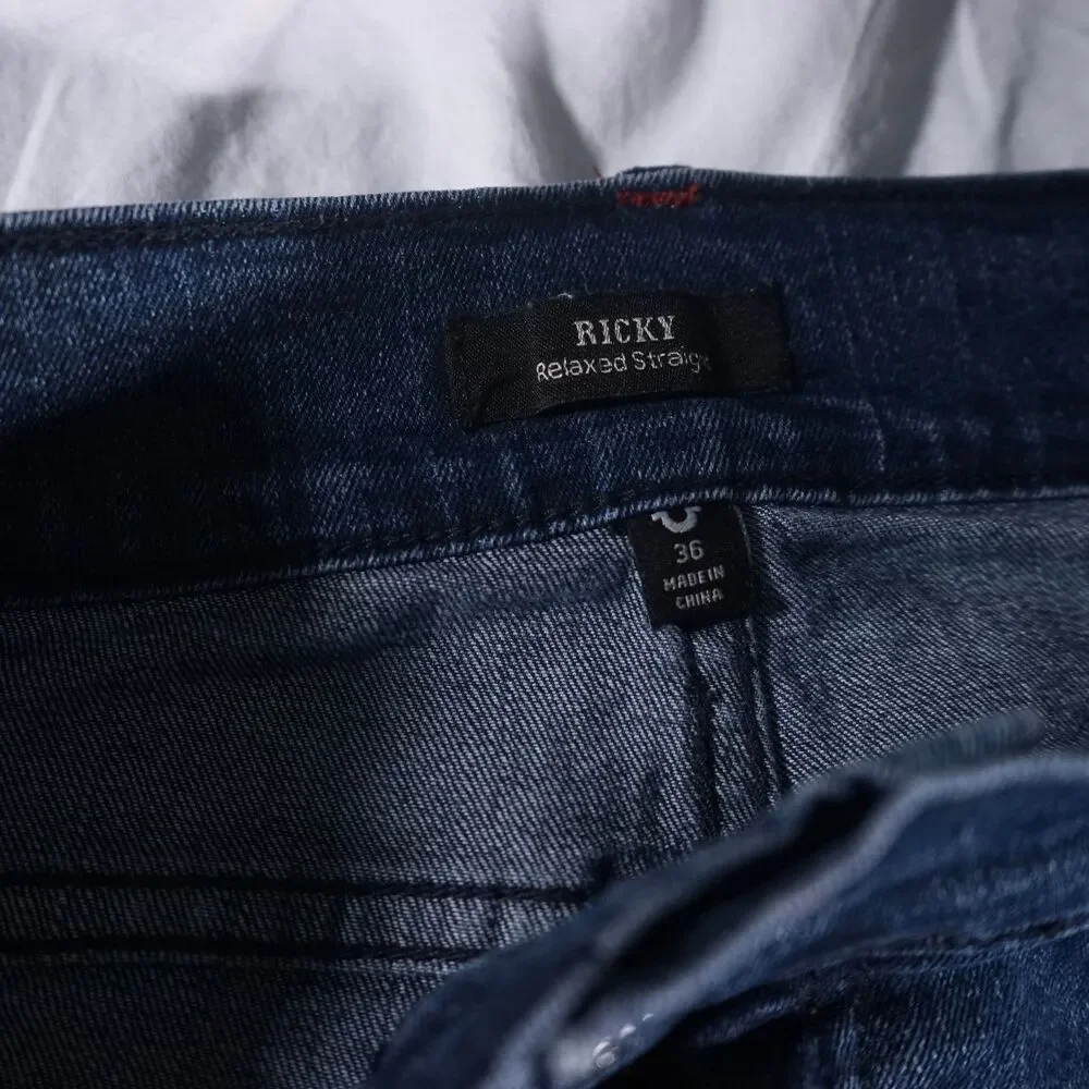 True Religion Ricky Jeans Relaxed Straight Blue Red Stitch Mens 36 36x34